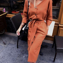 Load image into Gallery viewer, Sexy v Neck Autumn Long Sleeve Women Dress Ladies Sashes Button Casual Office Dress 2019 New Fashion Women Midi Dress Vintage