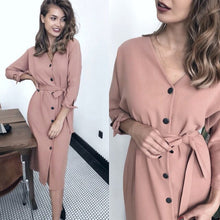 Load image into Gallery viewer, Sexy v Neck Autumn Long Sleeve Women Dress Ladies Sashes Button Casual Office Dress 2019 New Fashion Women Midi Dress Vintage