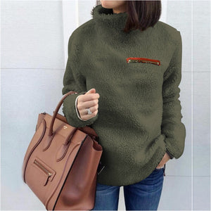 Women Fluffy Fleece Sweatshirt Pullover Winter Casual Turtleneck Zipper Fleece Female Hoodies Loose Warm Soft Solid Women Tops J