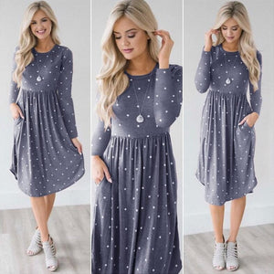 Pocket Elegant Knee-length Dress High Quality Autumn 2019 Casual Women Dress Long Sleeve O-neck Dot Printed Loose Dress Vestidos